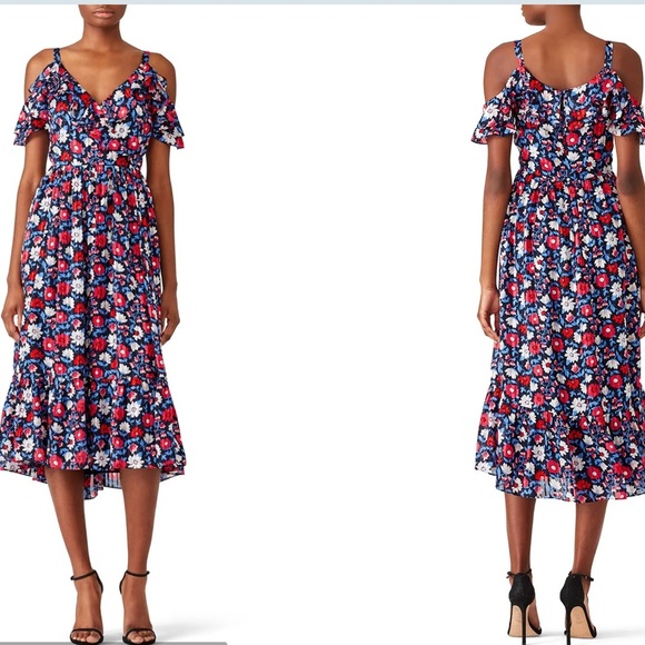 Kate Spade Cold Shoulder Navy Daisy Print Silk Midi Dress NWOT - Picture 1 of 13